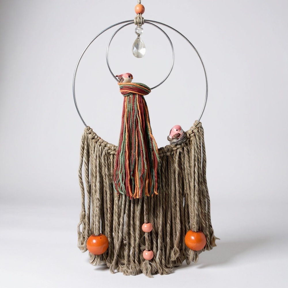 Wall Art Fall Sun Catcher Silver Tan Jute Macrame Crystal Orange Beads Boho